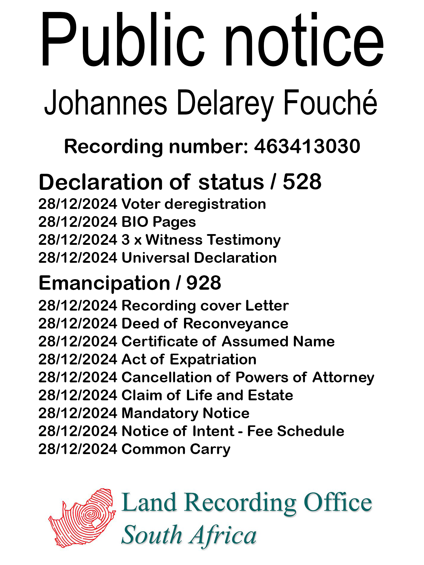 Public notice Johannes Delarey Fouché Recording number 463413030